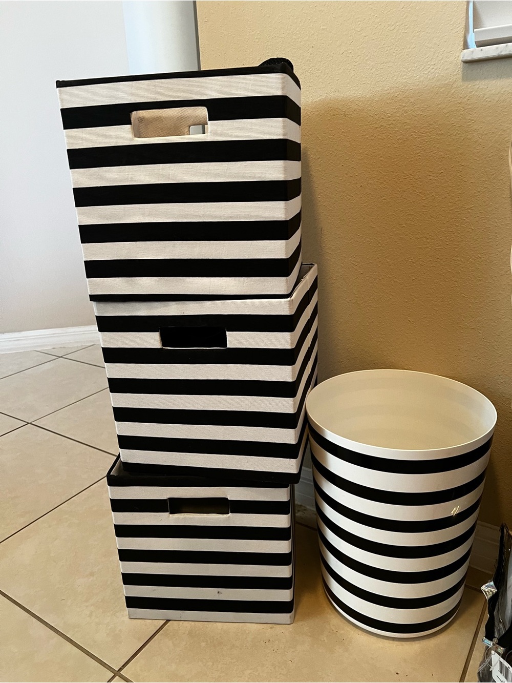 Black and White Striped Storage Bins & trash can
